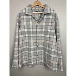 Express Gray Plaid Wool Blend Shirt Jacket Shacket Mens XL Minimalist Cozy Layer